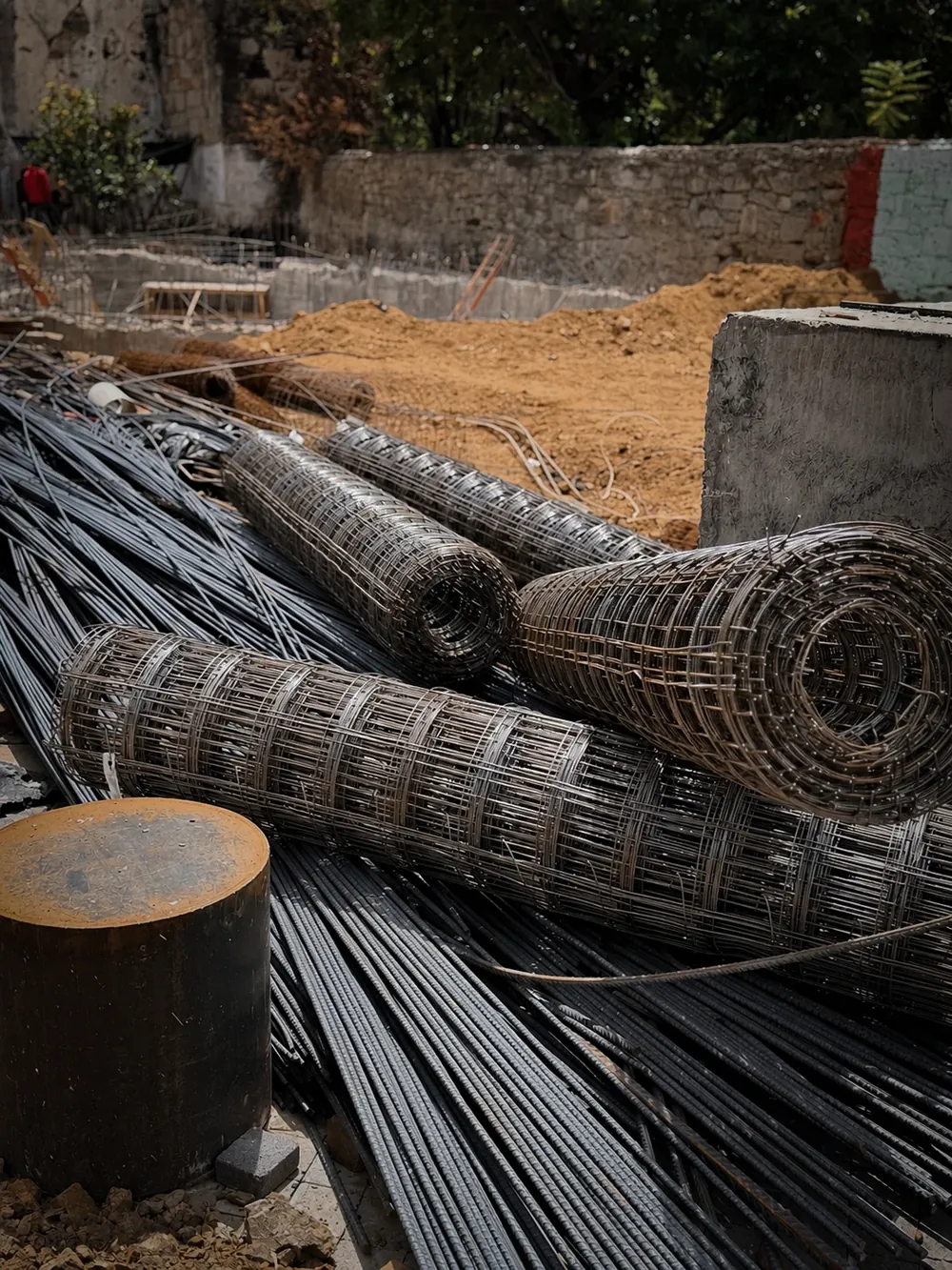 Rollos de malla electrosoldada sobre varilla corrugada en obra